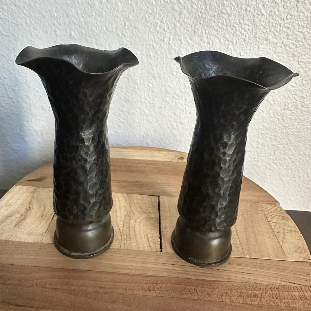Pair WW1 1916 French Trench Art Vases 5.5 Inch Artillery Shell Brass‎ Dimpled